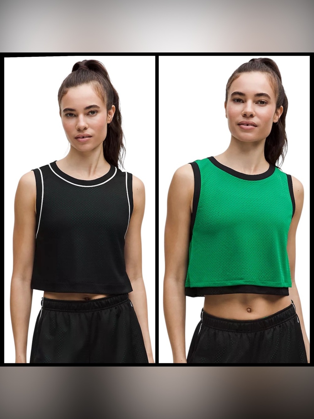 Lululemon NWT Double-Layered Mesh
Reversible Crop Tank Black Raceway Green Sz L
